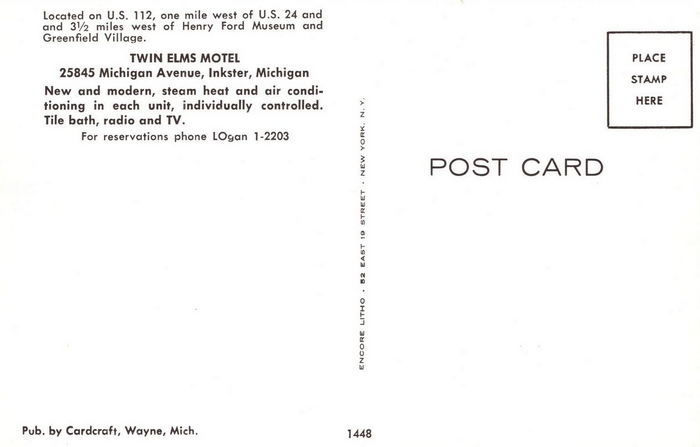Twin Elms Motel - Vintage Post Card